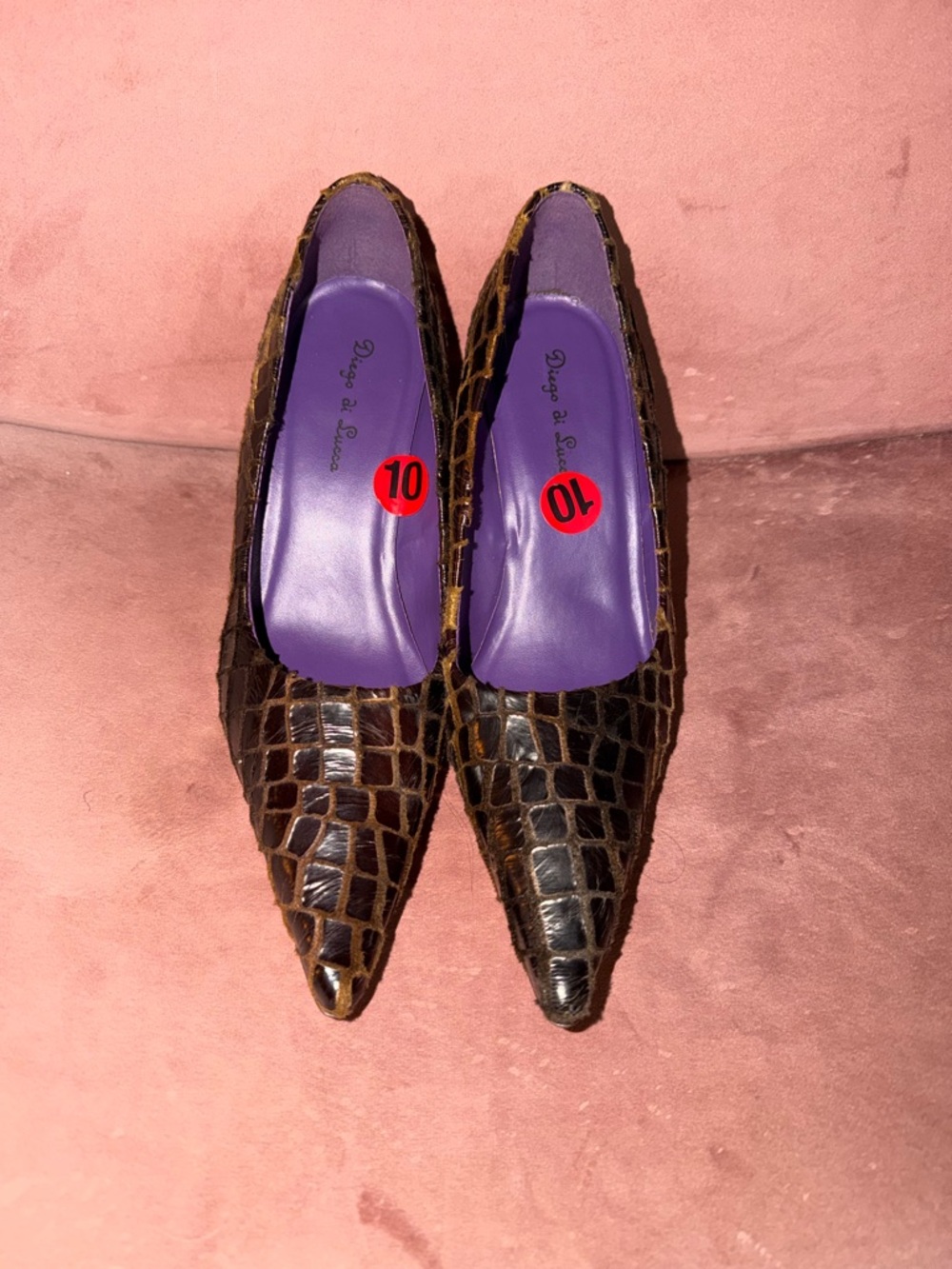 Diego Di Lucca Pointed Toe Croc-Embossed Pumps in Dark Brown with Purple Insole